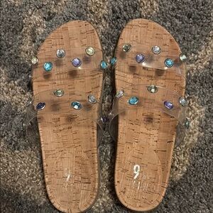 Mix No. 6 Blue and Purple rhinestone Sandals with Clear Straps, size 7